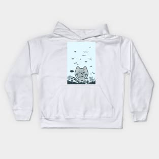 Cute cat in front of fishbowl Kids Hoodie